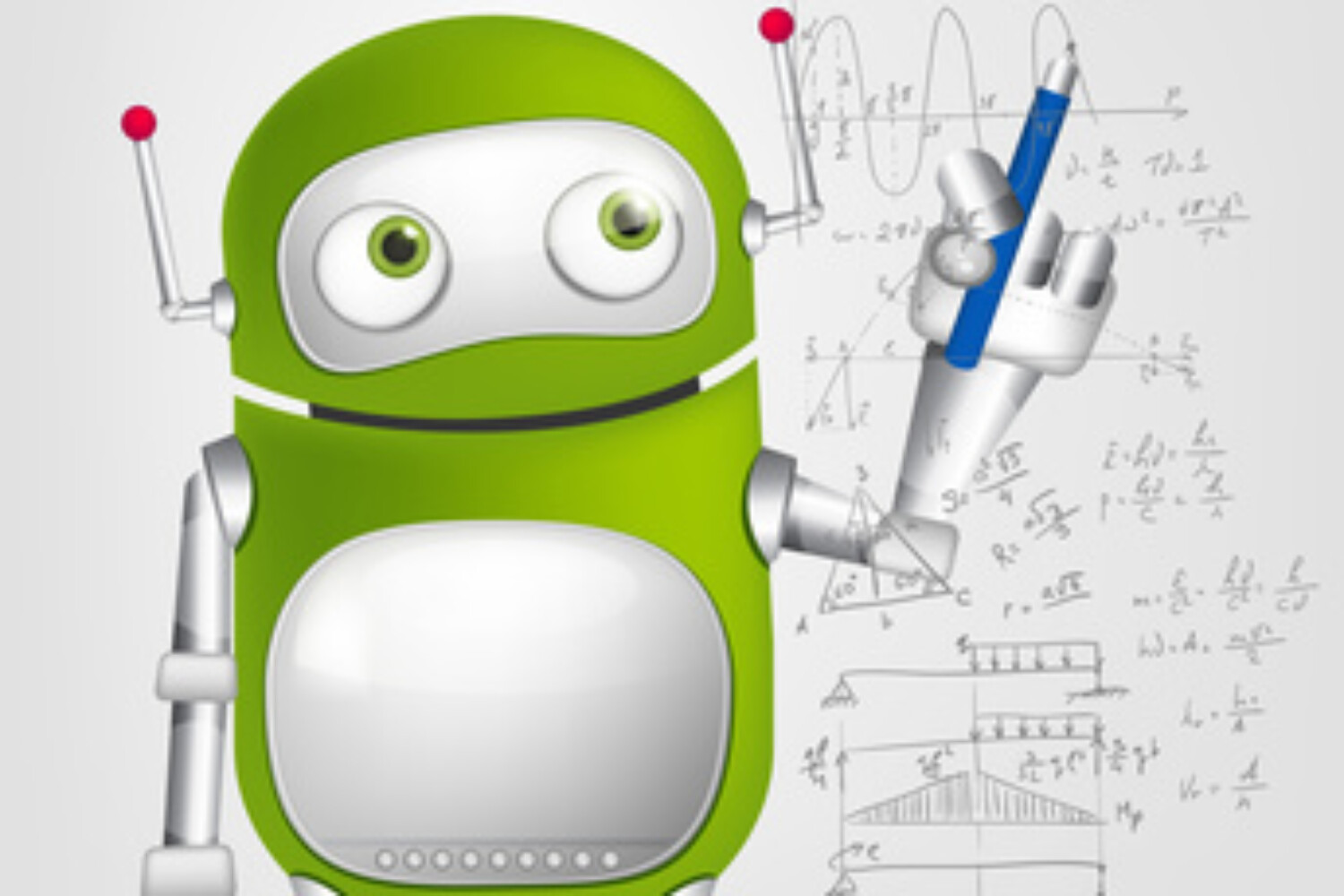 Cartoon Character Cute Robot Isolated on Grey Gradient Background. Writer. Vector EPS 10.